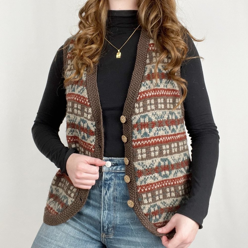 Vintage Handmade Rustic Cottagecore Fair Isle Knit Sweater Vest Cardigan Grandpa - Picture 2 of 8